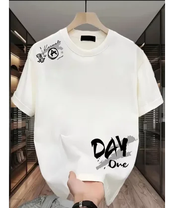 Day One Baskılı Oversize Bisiklet Yaka T-shirt - Beyaz