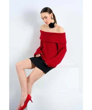 Degaje Yaka Fitilli Kazak  Kırmızı