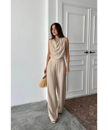 DEGAJE YAKA KOLSUZ BLUZ - PANTOLON TAKIM - Bej