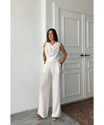 DEGAJE YAKA KOLSUZ BLUZ - PANTOLON TAKIM - Beyaz