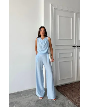 DEGAJE YAKA KOLSUZ BLUZ - PANTOLON TAKIM - Mavi