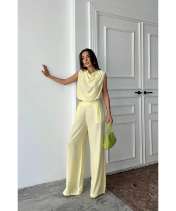 DEGAJE YAKA KOLSUZ BLUZ - PANTOLON TAKIM - Sarı