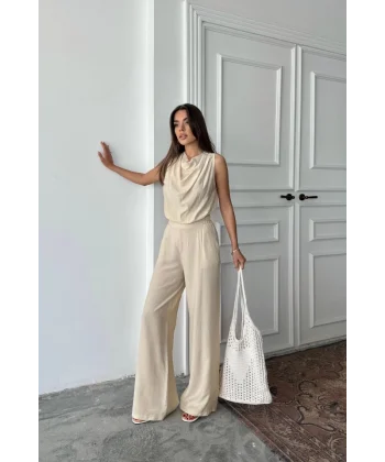 DEGAJE YAKA KOLSUZ BLUZ - PANTOLON TAKIM - Taş