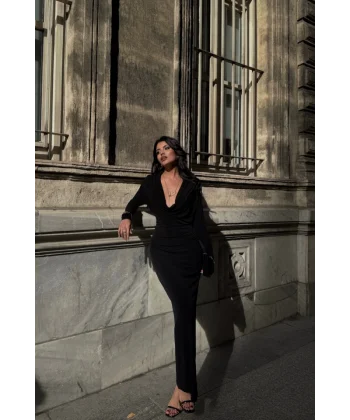 DEGAJE YAKA UZUN ELBİSE - Siyah