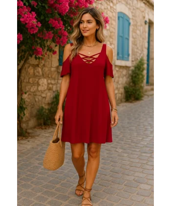 Dekolteli Bağcık Detay Viskon Kumaş Elbise