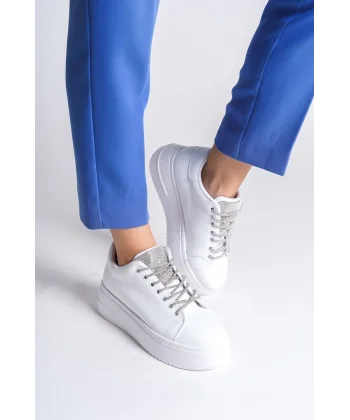 DELLA Bağcıklı Ortopedik Taban Taşlı Kadın Sneaker Spor Ayakkabı CBT - Beyaz