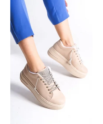 DELLA Bağcıklı Ortopedik Taban Taşlı Kadın Sneaker Spor Ayakkabı CTT - Ten