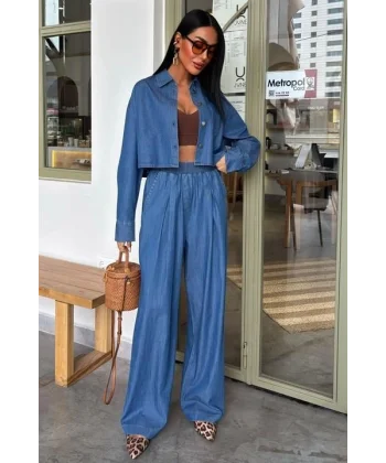 Denim Gömlek Plazzo Pantolon Takım 10163-08