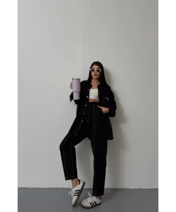 DENİM PUNTOLU GÖMLEK-PANTOLON TAKIM - Pembe