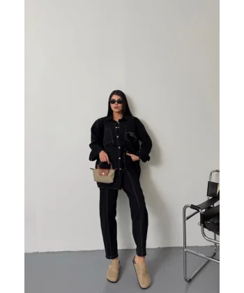 DENİM PUNTOLU GÖMLEK-PANTOLON TAKIM - Sarı