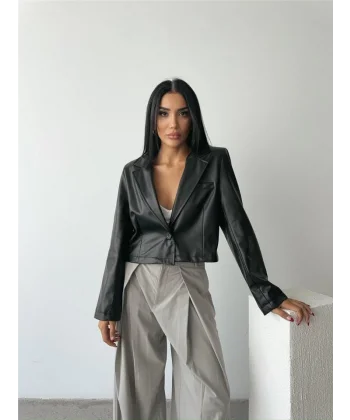 DERİ CROP CEKET TEK DÜĞE  iyah