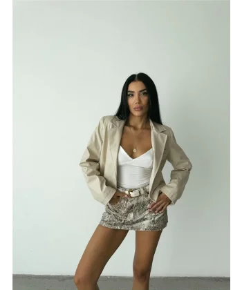 DERİ CROP CEKET TEK DÜĞME - Bej