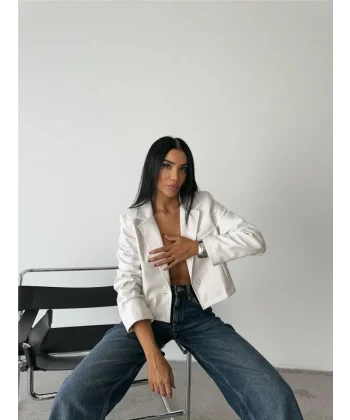 DERİ CROP CEKET TEK DÜĞME - Beyaz