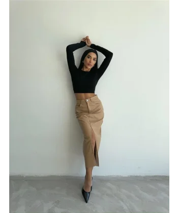 DERİ ETEK YIRTMAÇLI - Bej