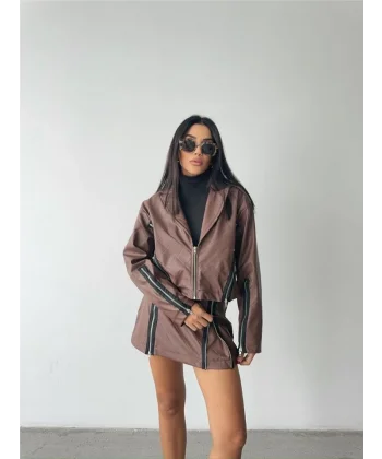 DERİ FERUAR DETAYI ETEK  Taba