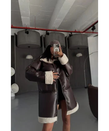 DERİ MONT KOL VE YAKA PELUŞ KAPAKSIZ CEP DETAYLI - Kahverengi