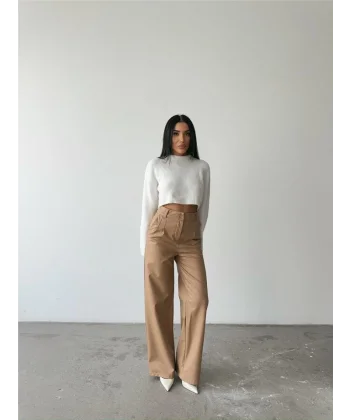 DERİ PALAZZO PANTOLON BORU PAÇA - Bej