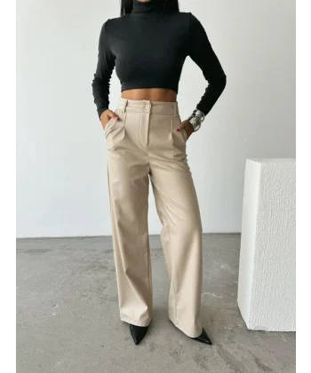 DERİ PALAZZO PANTOLON BORU PAÇA - Taş