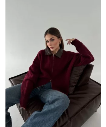 Deri Yakalı Pamuk dokulu Çift Taraflı Çalışan Fermuar Ceket - Bordo