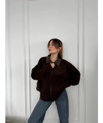 Deri Yakalı Pamuk dokulu Çift Taraflı Çalışan Fermuar Ceket - kahve