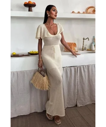 Derin Yakalı Ve File Detaylı Triko Elbise 2867