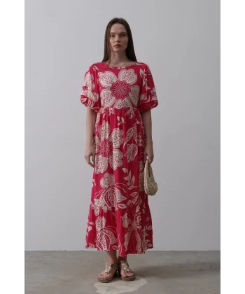 Desenli Balon Kol Kloş Elbise - Pembe