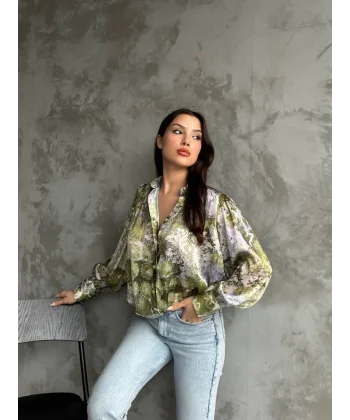 Desenli Dökümlü Saten Gömlek