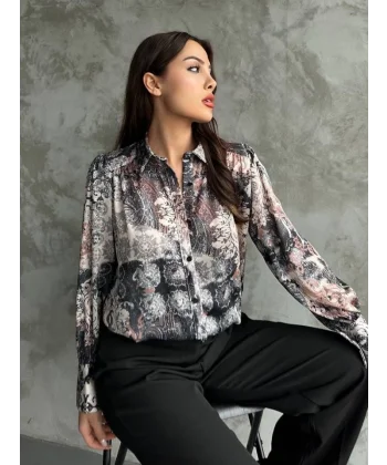 Desenli Dökümlü Saten Gömlek