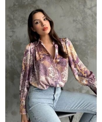 Desenli Dökümlü Saten Gömlek