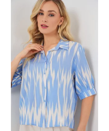 Desenli Kısa Kol Crop Gömlek 20337 - Mavi
