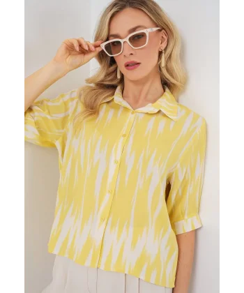 Desenli Kısa Kol Crop Gömlek 20337 - Sarı