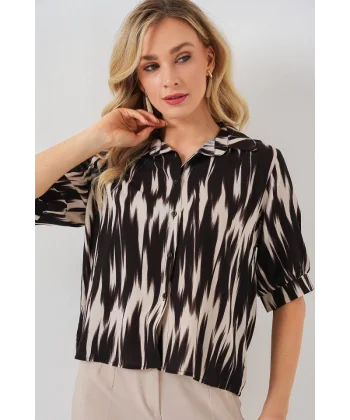 Desenli Kısa Kol Crop Gömlek 20337 - Siyah