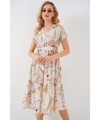 Desenli Kısa Kol Elbise 2558 - Krem