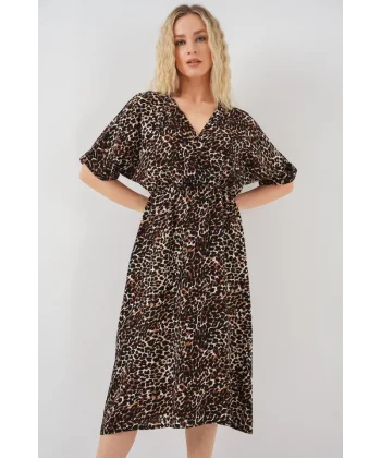 Desenli Kısa Kol Elbise 2569 - C. Kahverengi