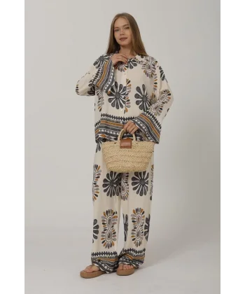 Desenli Kolları Volanlı Pantolon Takım - Antrasit