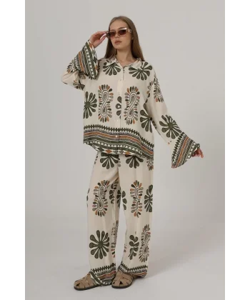 Desenli Kolları Volanlı Pantolon Takım - Haki