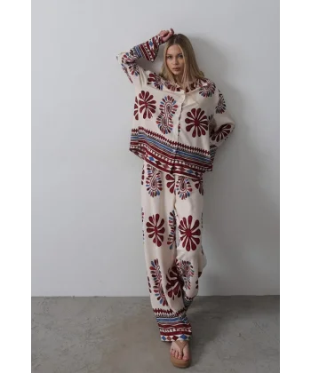 Desenli Kolları Volanlı Pantolon Takım - Kırmızı