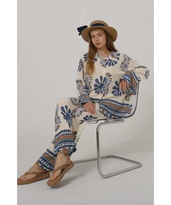 Desenli Kolları Volanlı Pantolon Takım - Mavi