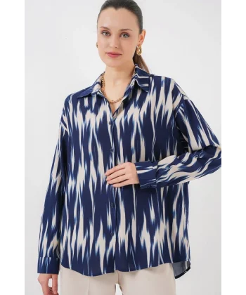 Desenli Oversize Gömlek 20301 - Lacivert