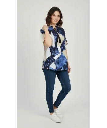 Desenli Püsküllü Viskon Bluz Bebe Yaka Kısa Kollu Big Size Rahat Kesim - Desenli