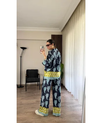 Desenli Saten Bol Takım - İndigo