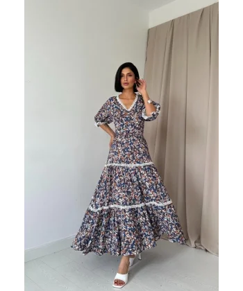 Desenli Sırtı Dekolteli Brode Elbise