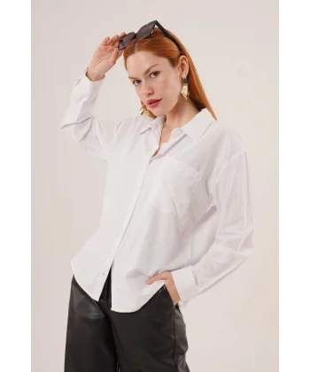 Desenli Tek Cepli Klasik Kesim Düğmeli Beyaz Gömlek