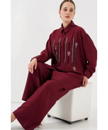 Desenli Tunik Pantolon İkili Takım 6720 - Bordo