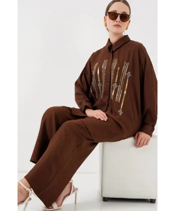 Desenli Tunik Pantolon İkili Takım 6720 - Kahverengi