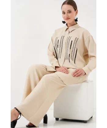 Desenli Tunik Pantolon İkili Takım 6720 - Krem