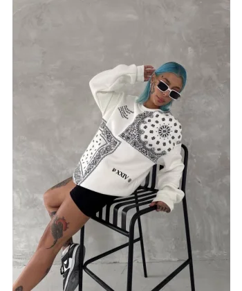 Desenli Üç İplik Bisiklet Yaka Oversize weathirt  Beyaz