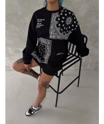 Desenli Üç İplik Bisiklet Yaka Oversize weathirt  iyah