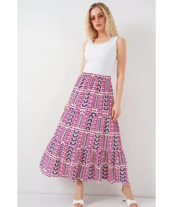 Desenli Uzun Etek 8053 - Fuşya