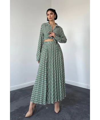 Desenli Viskon Gömlek Ve Etek Takım  Yeşil